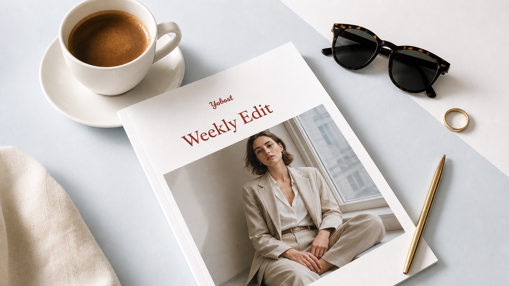 Yobost Weekly Edit magazine, coffee, sunglasses, and desk accessories