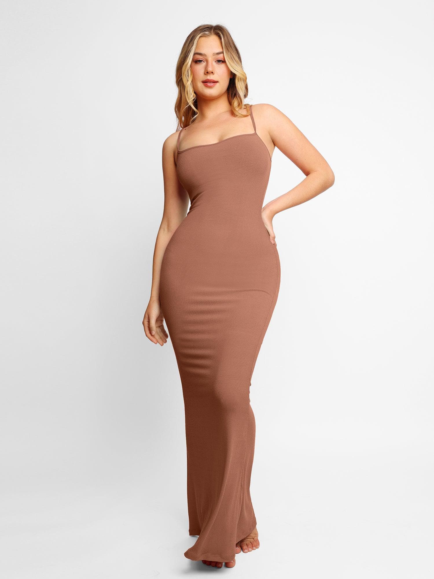 Shapewear Slimming Modal Dresses - Slip Maxi Dress / Light Brown / M