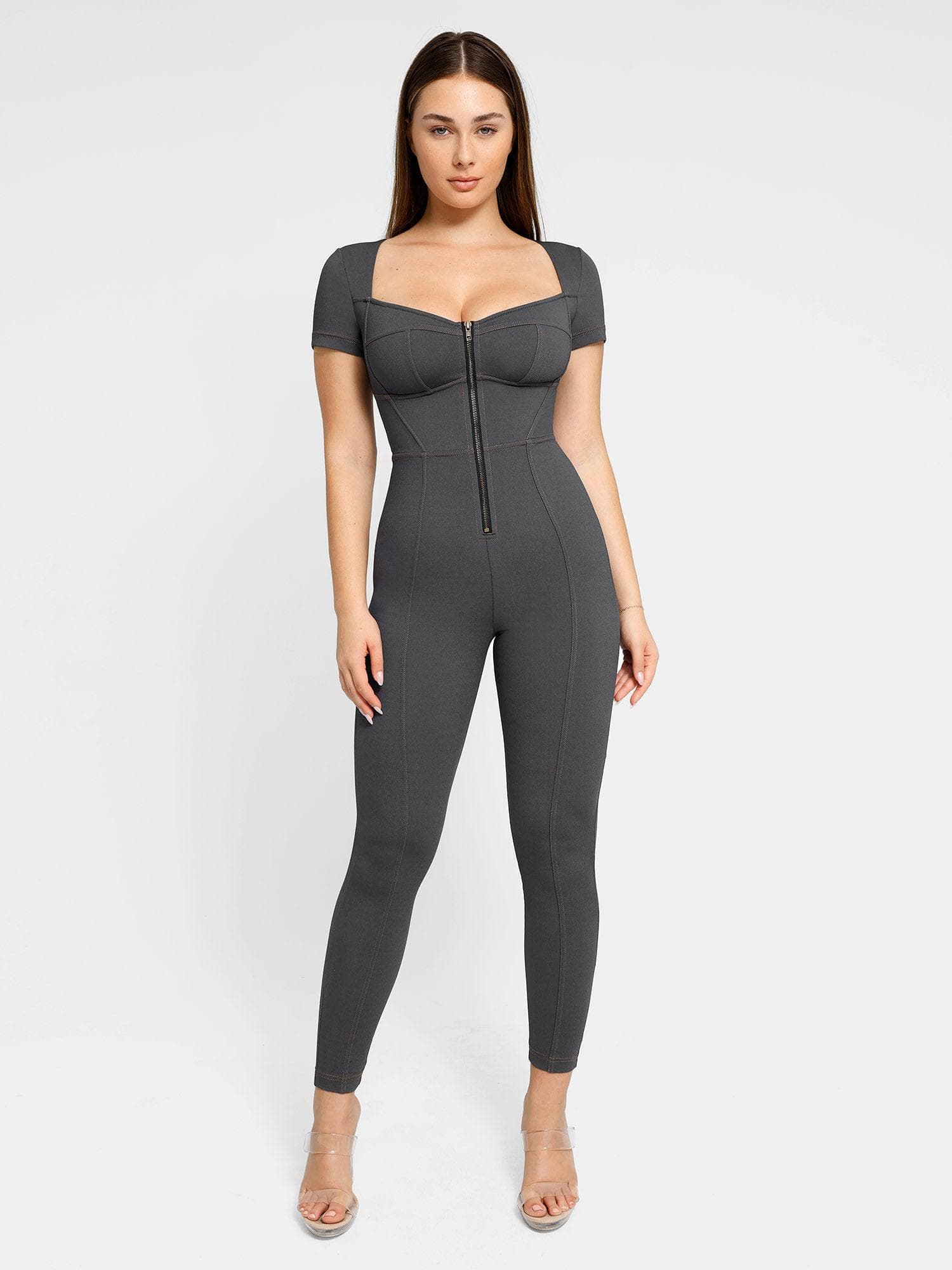 Shapewear Denim Sculpting Dress or Bodysuit or Jumpsuit - Short Sleeve Jumpsuit / Black / 3XL