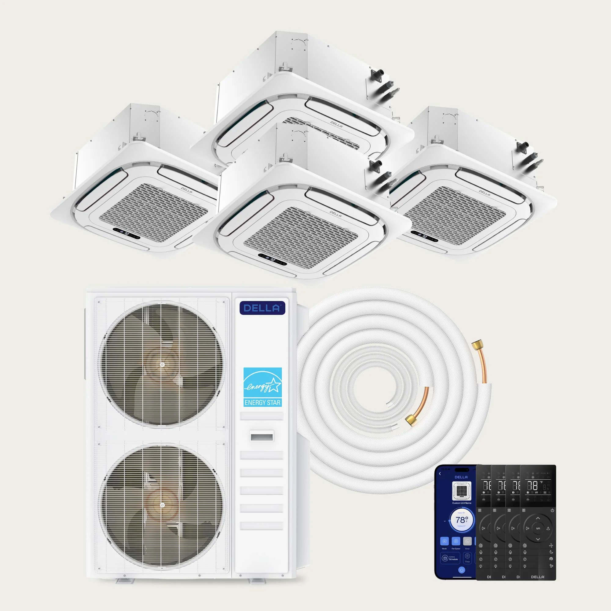 DELLA 55000 BTU Quad Zone Ceiling Cassette Mini Split AC (12K+12K+16K+16K) - Up to 3100 Sq.Ft.
