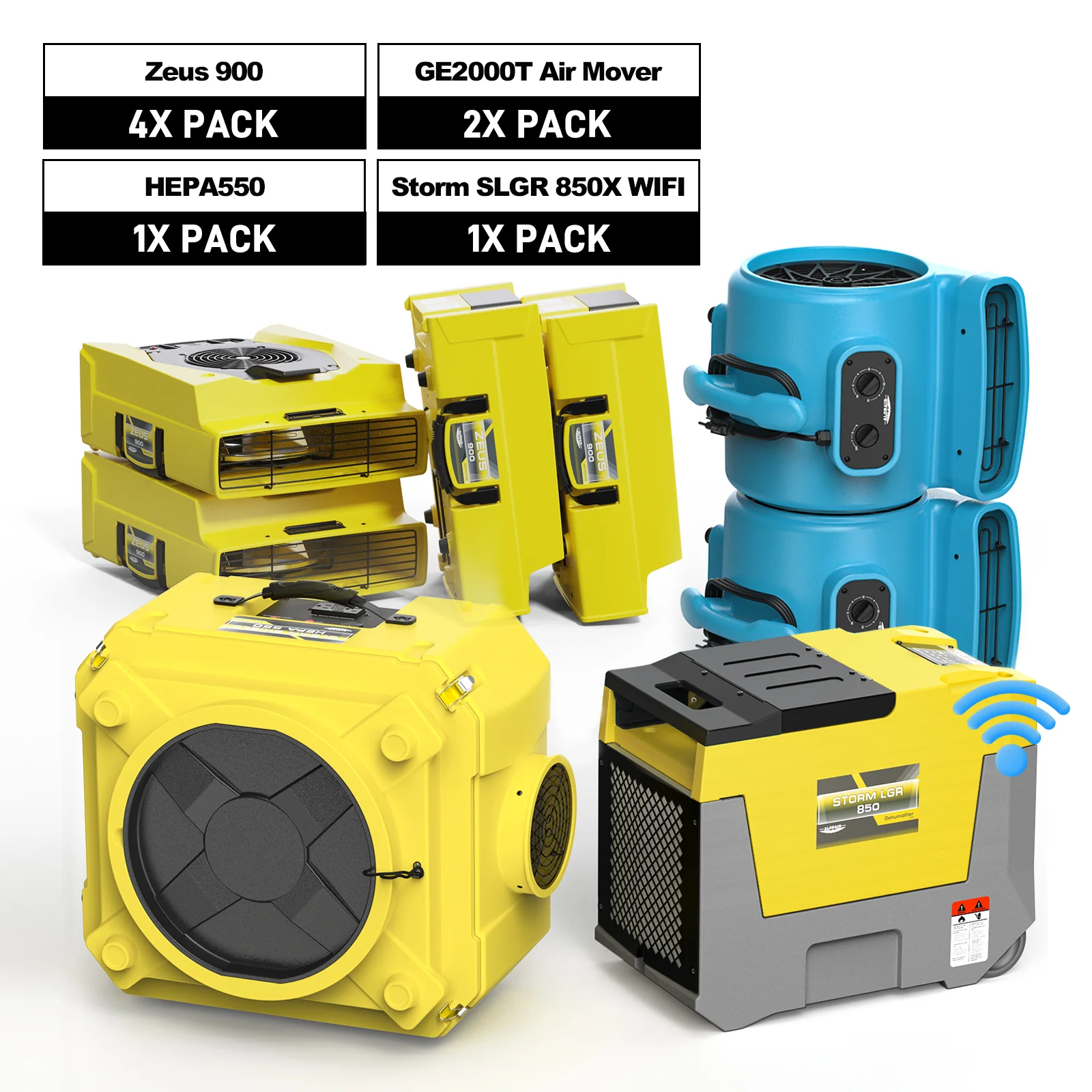 Alorair Combo Pack for Water Damage Restoration 1xStorm SLGR WIFi Commercial Dehumidifier and 1xHEPA 550 Air Scrubber, 4xZeus 900 Air Movers