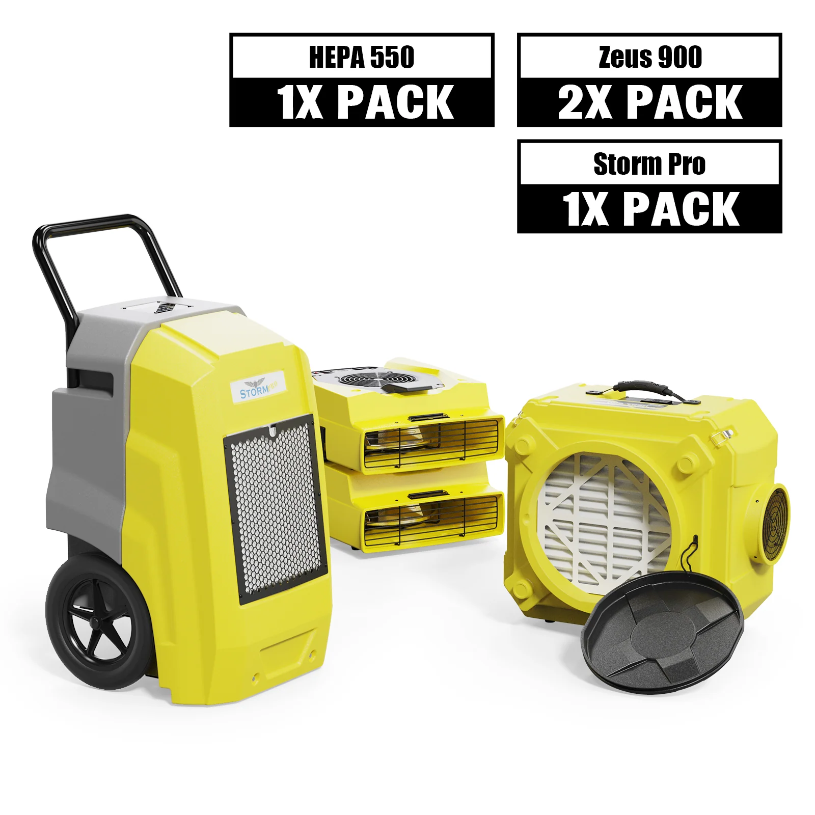 AlorAir Water Damage Restoration Combo Pack, 1 X Storm Pro Dehumidifier, 2 X Zeus 900 Air Mover, 1 X HEPA 550 Air Scrubber