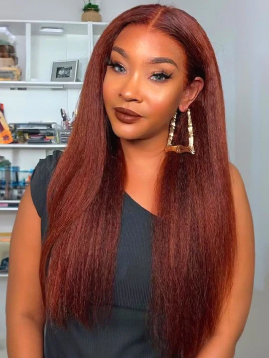 Glueless Reddish Brown Light Yaki Straight Hair Pre Max Pull Go Drawstring Lace Frontal Wig