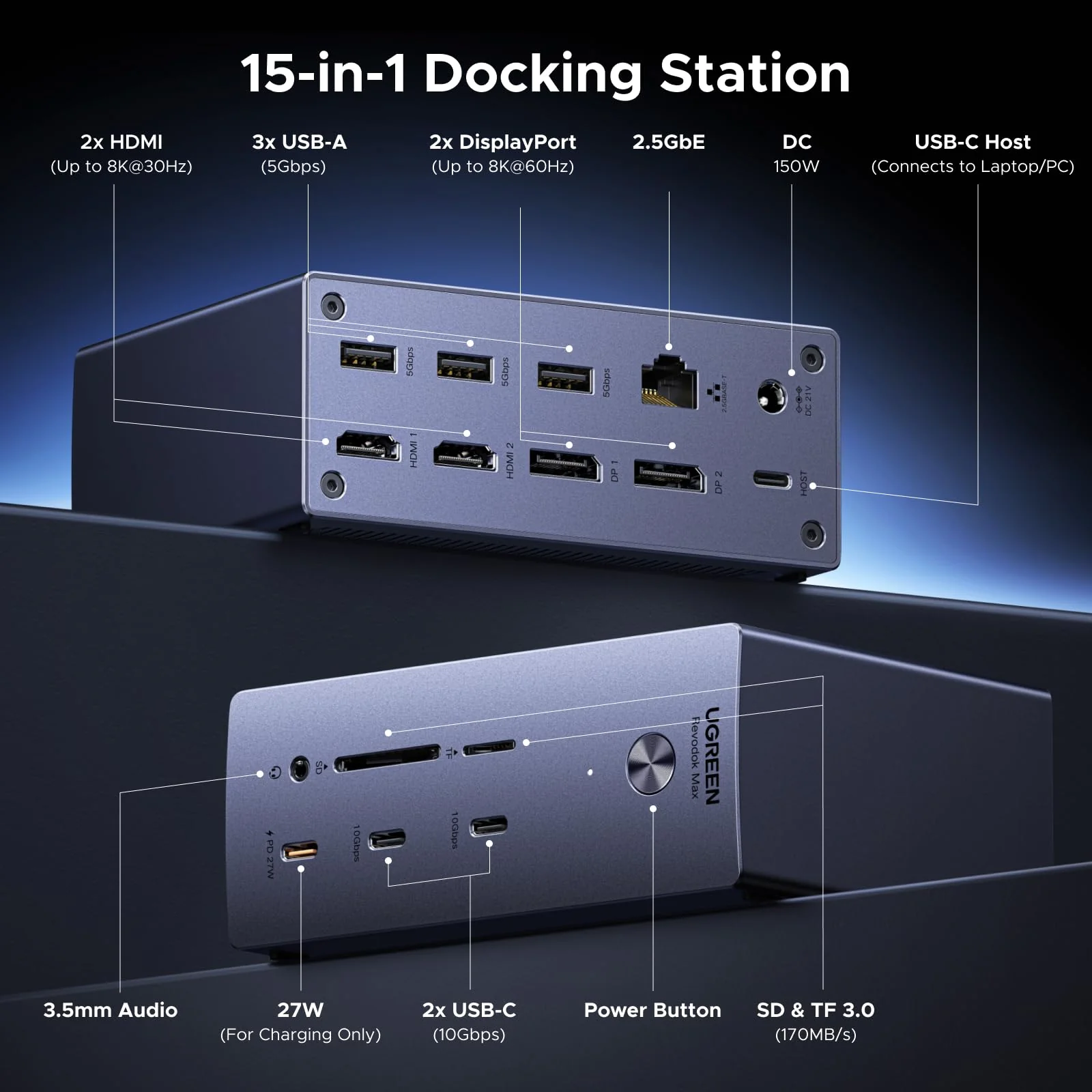 UGREEN USB-C DisplayLink Docking Station, Quad Monitor, Driver Required | 15-in-1, Single 8K@60Hz, 2xDP, 2xHDMI, 2xUSB-C 10Gbps, 3xUSB-A, 2.
