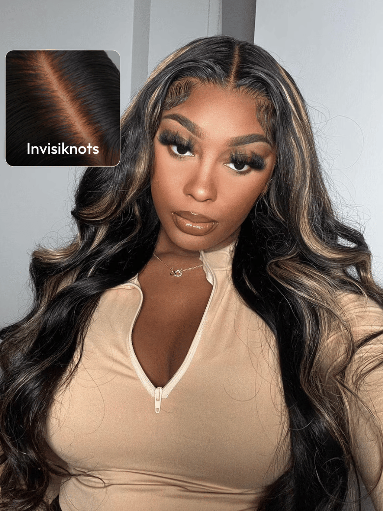 Bye Bye Knots Wig 7x5 Glueless Lace Black With Blonde Highlights 3D Body Wave Bleached Knots Wig No Baby Hair
