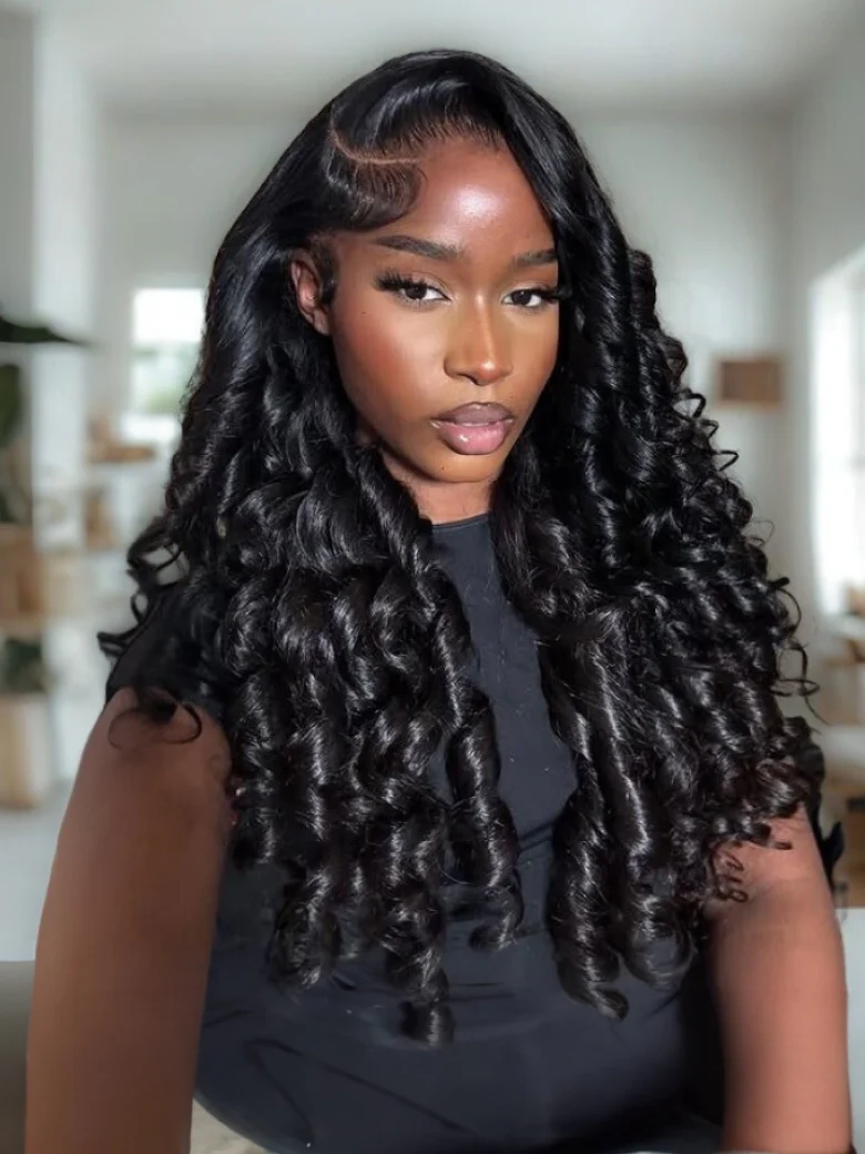 Klaiyi 13x4 Pre-Everything Loose Wave Lace Frontal Wig With Face-Framing Layers And Side-Swept Bangs Glueless Human Hair Wig, 13x4 Drawstrin