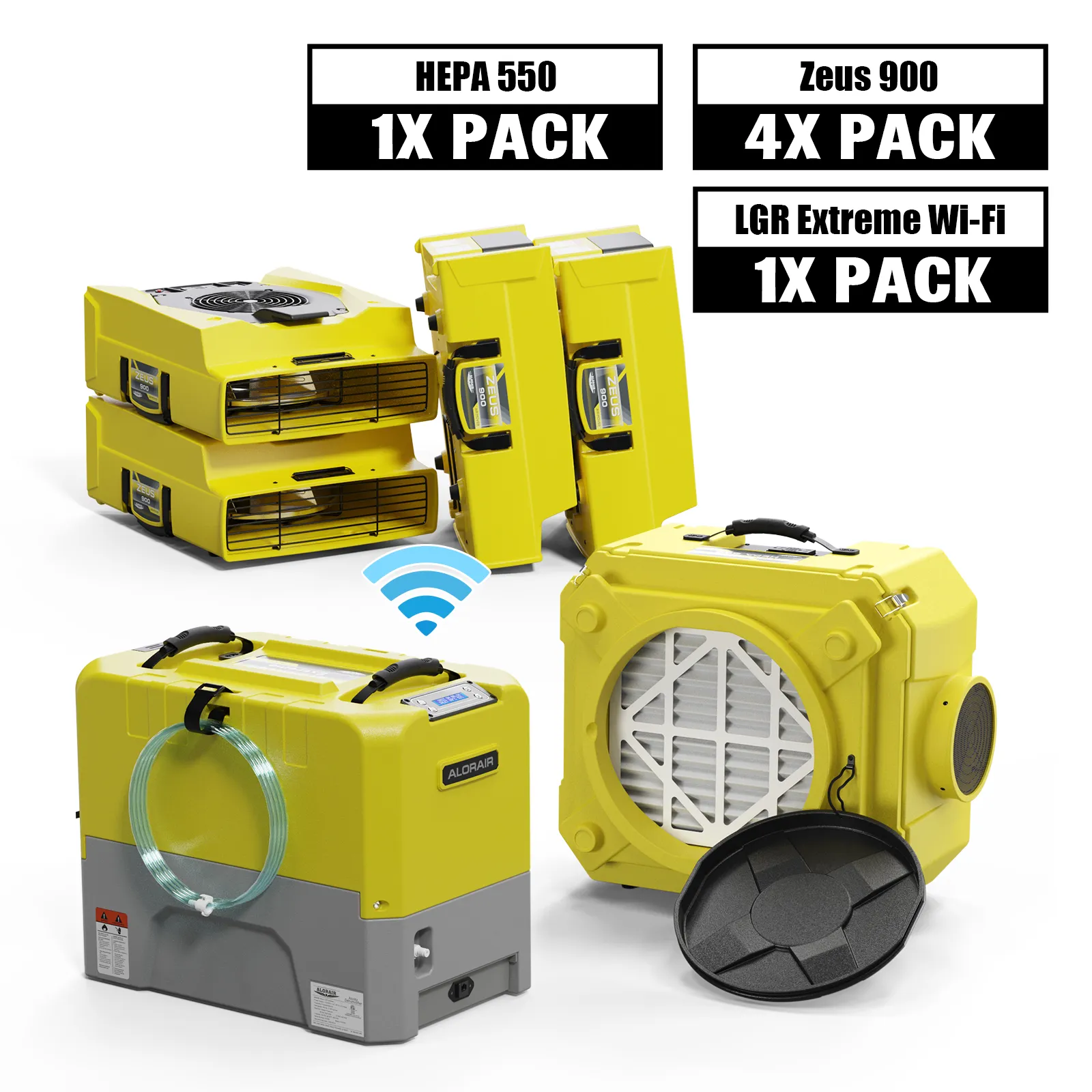 Alorair Water Damage Restoration Equipment, 1 X Storm LGR Extreme WiFi Commercial Dehumidifier, 4 X Zeus 900 Air Mover, 1 X CleanShield HEPA