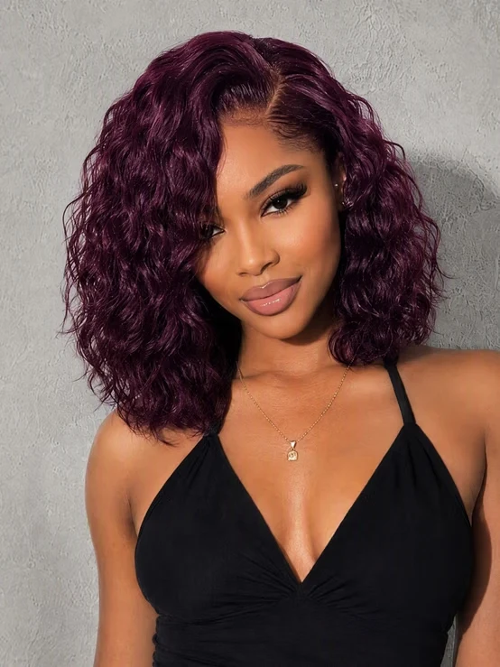 Klaiyi 6x4 Gluless Lace Wig C Side Part Black Cherry Water Wave Short Bob Human Hair Wig, 6x4 - 220% (Left Side Part) / 10 / No-Slip&Secure