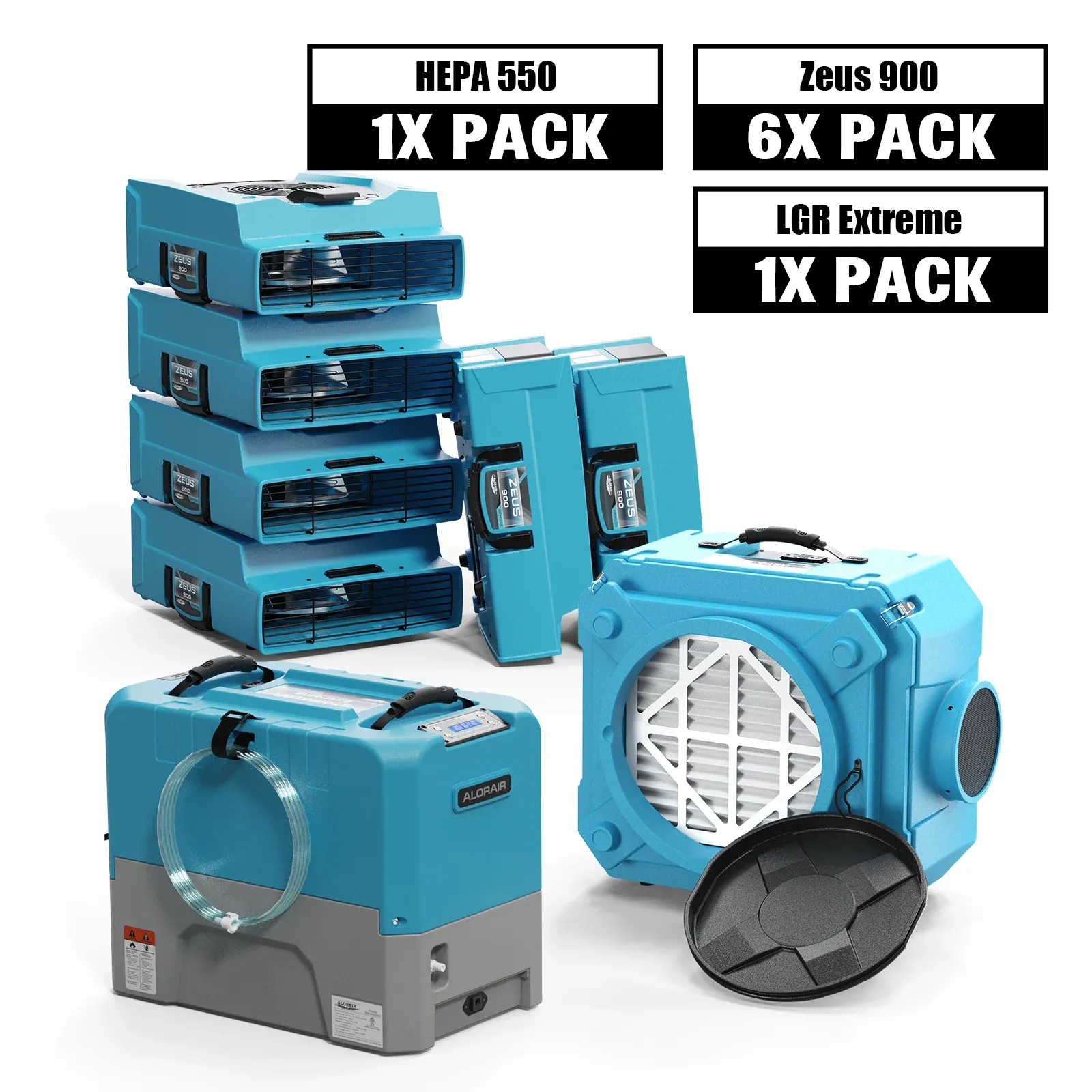 Alorair Water Damage Restoration Equipment, 1 X Storm LGR Extreme Commercial Dehumidifier, 6 X Zeus 900 Air Mover, 1 X CleanShield HEPA 550