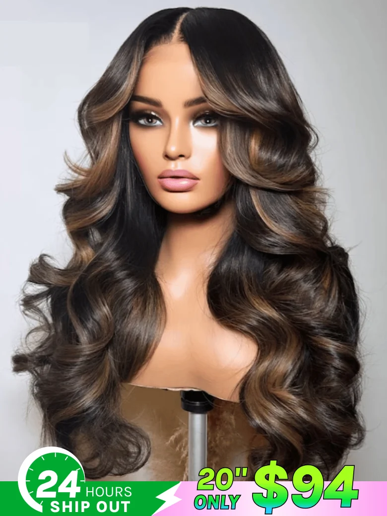 20"-24" Klaiyi 7x5 Bye Bye Knots Glueless Lace Closure Wig Espresso Brown With Blonde Highlights Human Hair Wig, 7x5 -150%(Price Drop) / 20