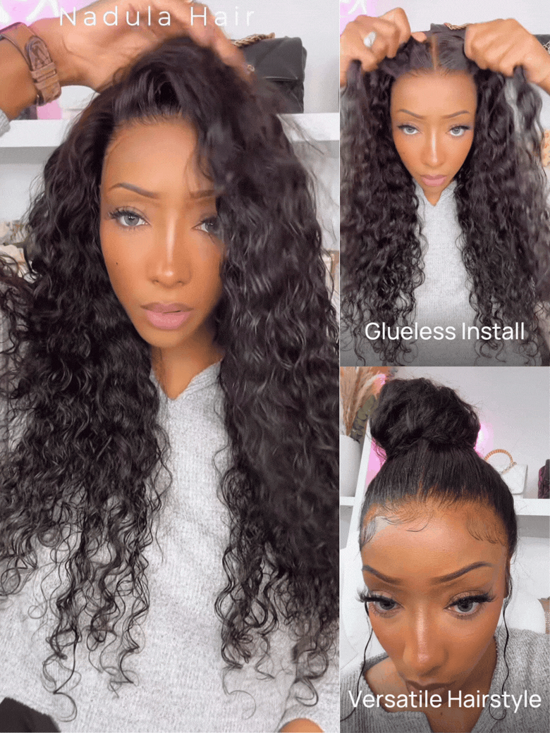 Nadula 7x5 and 13x6 Lace Frontal Wig Invisible Knots Water Wave Human Hair Wigs with Elastic Drawstring