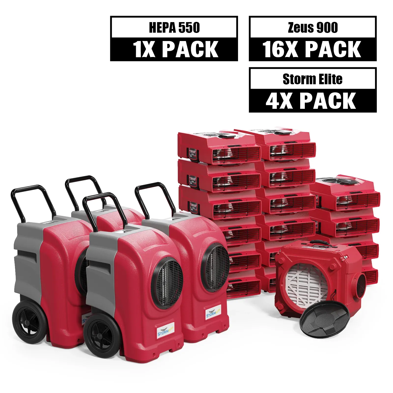 Alorair Water Damage Restoration Combo Pack, 4 X Storm Elite Commercial Dehumidifier, 16 X Zeus 900 Air Mover, 1 X CleanShield HEPA 550 Scru