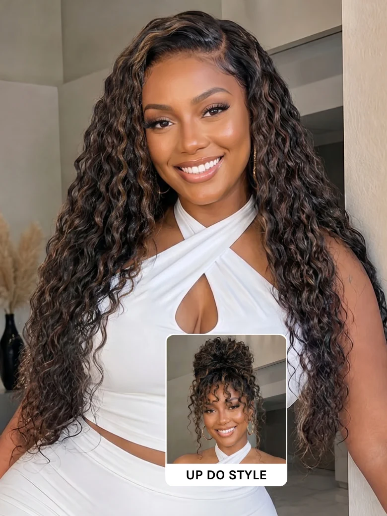@Lynee's Pick | Klaiyi 7x5 Golden Brown Highlight Water Wave No-Slip Cap Glueless Human Hair Wig 150% Density, Balayage Brown / 7x5 HD Gluel