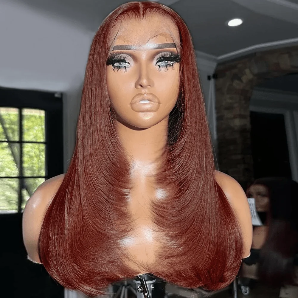 Geeta Layered Straight 13x4/4x4 Reddish Brown Lace Frontal Wig HD Transparent Human Hair Wigs Auburn Colored Wig