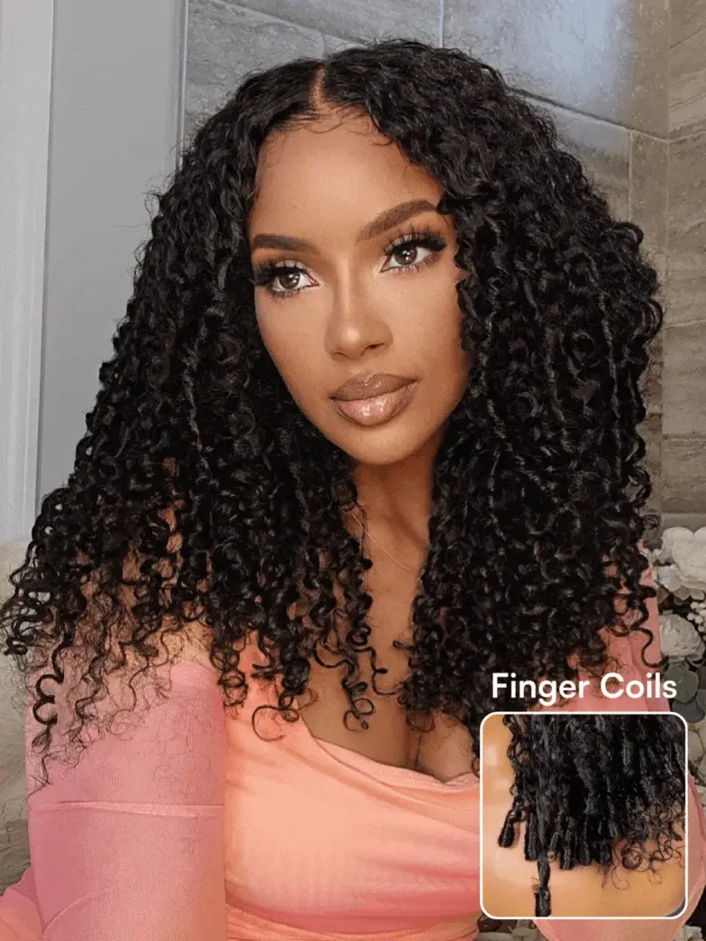 Klaiyi Hair Curly Hair with Finger Coil Ends Human Hair Glueless InvisiBlend V part Wig