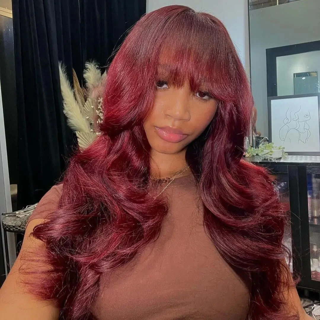99j Burgundy Lace Front Wigs Body Wave Wigs with Bangs Human Hair Wigs Pre Plucked