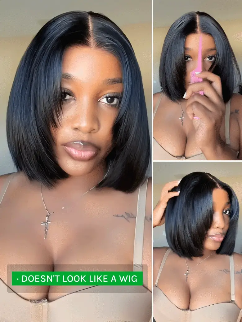 Klaiyi 7x5 No Slip Gluleless Lace Wig Yaki Straight Short Bob Human Hair Wig with Face-Framing Layers, 7¡Á5 180%-No Slip Cap & Drawstring /