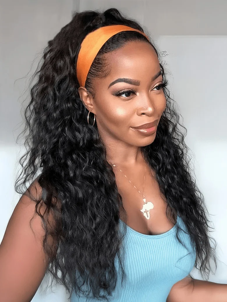 Klaiyi Hair HookFit Water Wave Headband Glueless Human Hair Wig With Invisi Drawstring, Lace Band-150% / 16