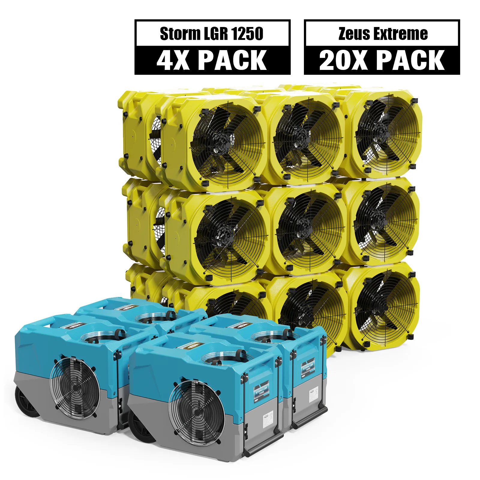 Alorair Water Damage Restoration Combo Pack, 4 X Storm LGR 1250 Commercial Dehumidifier, 20 X Zeus Extreme Air Mover