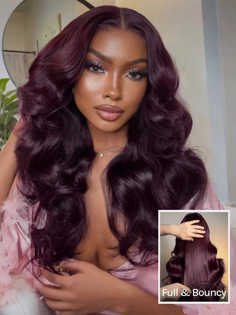 Klaiyi Black Cherry Layered Cut Straight/Loose Wave 7x5 and 13x4 Pre-Everything Lace Frontal Wig Put on and Go Glueless Wig, 7x5-180%(Loose