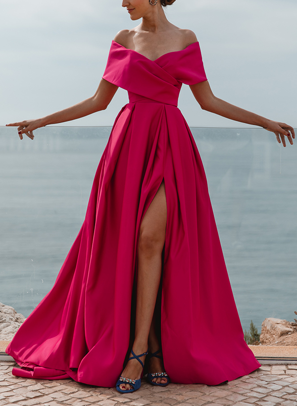 A-Line Off-The-Shoulder Satin Mother Of The Bride Dresses With Split Front