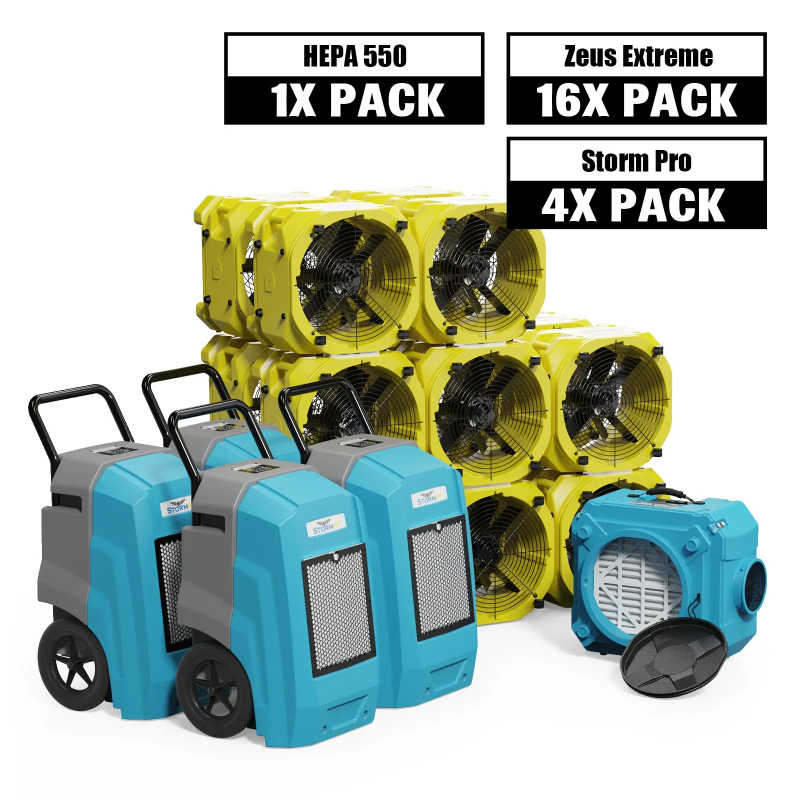 Alorair Water Damage Restoration Combo Pack, 4 X Storm Pro Commercial Dehumidifier, 16 X Zeus Extreme Air Mover, 1 X CleanShield HEPA 550 Sc