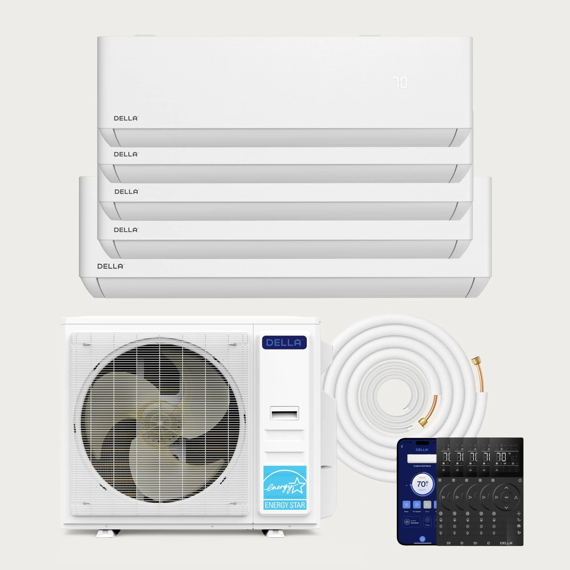 DELLA Optima Series 42000 BTU Five Zone Mini Split AC (9K+9K+9k+9K+18k) - Up to 2600 Sq.Ft.