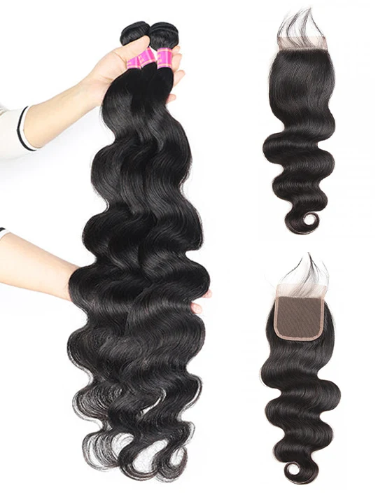 Body Wave Human Hair 3 Bundles With 4x4 Lace Closure 10A Brazilian Hair Weave
