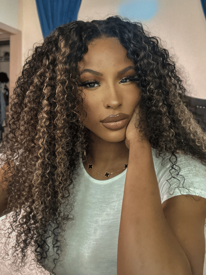 Bye Bye Knots Wig 7x5 Glueless Lace 180% Density Honey Brown Highlights Jerry Curly Wig With Bleached Knots