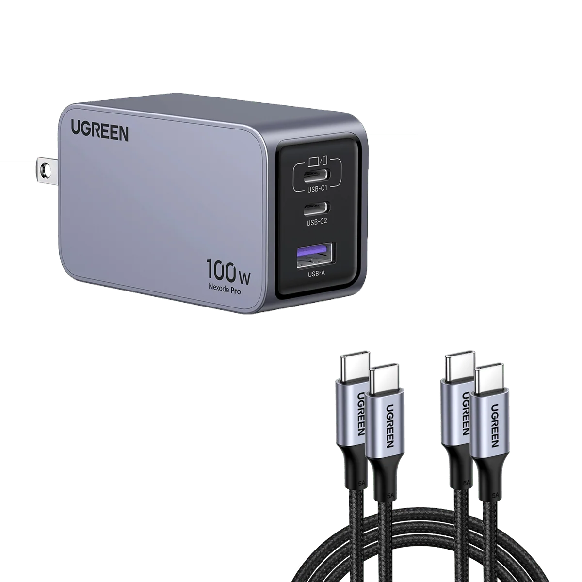 iPhone Charger Hub | 100W Power | 3 Ports UGREEN Nexode, +100W 2-Pack USB C to USB C Cable 3.3FT