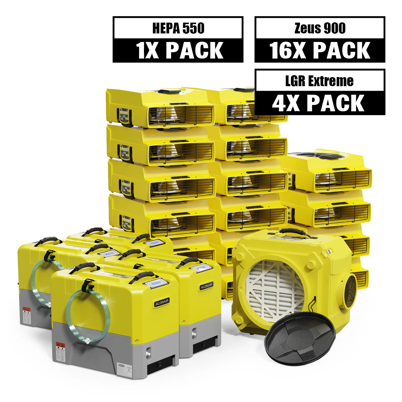 Alorair Water Damage Restoration Combo Pack, 4 X Storm LGR Extreme 85 Pint Commercial Dehumidifier, 16 X Zeus 900 Air Mover, 1 X CleanShield